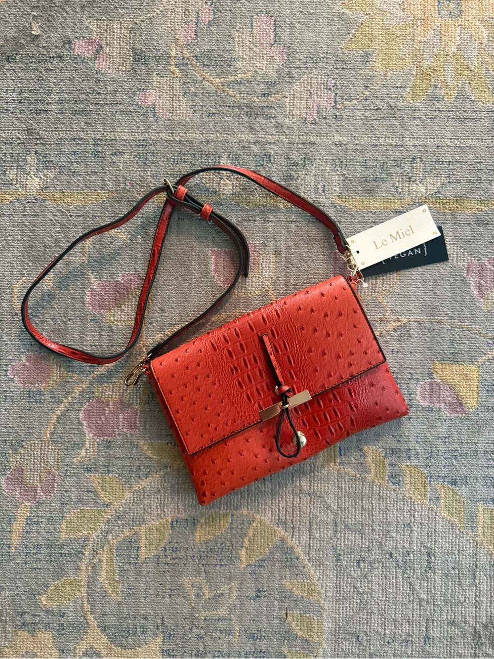 Le Miel Vegan Leather Crossbody |‎ Rust Orange Croc & Ostrich Embossed